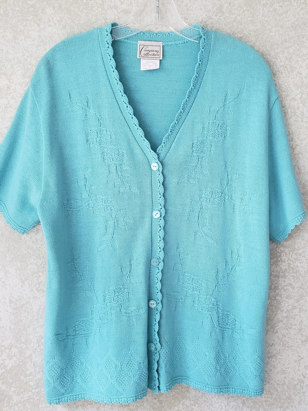 NY Collection Aqua Short-Sleeve Knit Cardigan with Scalloped Trim